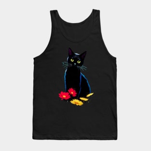 Black Cat with Red and Yellow Daisy Cat Lover Cat Owner Tank Top